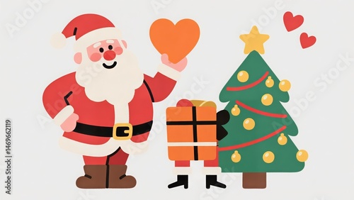 Colorful, cute, and minimalist flat vector illustration showing Santa Claus holding an orange heart. Set against a white background, the scene includes a Christmas tree and presents in the background.