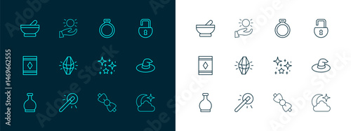 Set line Open padlock, Magic wand, Magical glitter particles, Bow tie, stone, ring, Witch cauldron and Ball levitating above hand icon. Vector