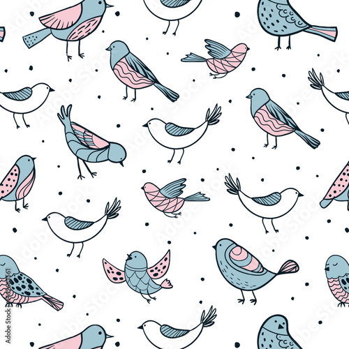 Colorful doodle bird seamless pattern. Collection of flat hand drawn birds. Cute background for textile print, wrapping paper, wall art design
