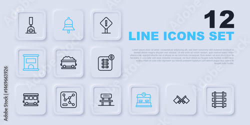 Set line Flag, Railway, railroad track, Coal train wagon, station, Ticket office to buy tickets, map, Train bell and Waiting hall icon. Vector