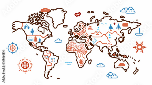 vector illustration of world map. continents of the world. travel by continents