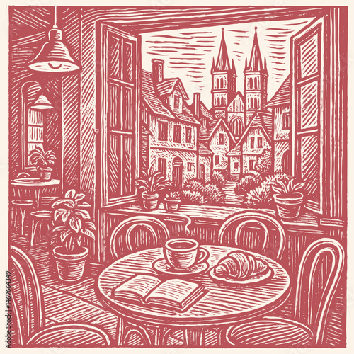 Vector illustration: Cozy cafe interior with an open window viewing an old European town. Coffee, croissant, and book on a table. Vintage engraving/linocut style.