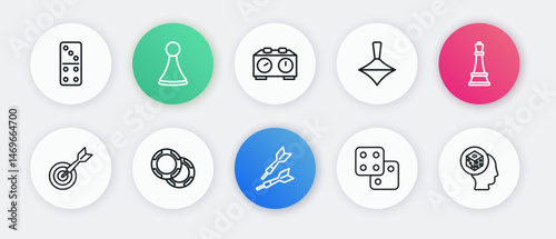 Set line Dart arrow, Chess, Classic dart board and, Game dice, Whirligig toy, Time chess clock, and Casino chips icon. Vector