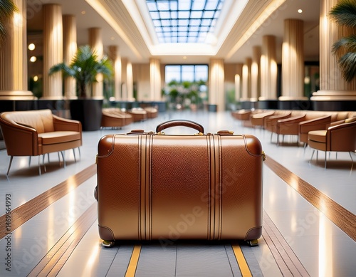a luxurious brown leather suitcase with gold zippers elegantly placed in an airport vip lounge