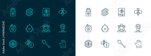 Set line Bee, Sale of bees, Beekeeper with protect hat, Honey dipper stick, Hive for, Book about, Jar honey and Honeycomb icon. Vector