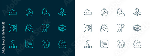 Set line Rooster weather vane, Wind, Thermometer, Moon, Sunset, and cloud, Cloud and Compass icon. Vector
