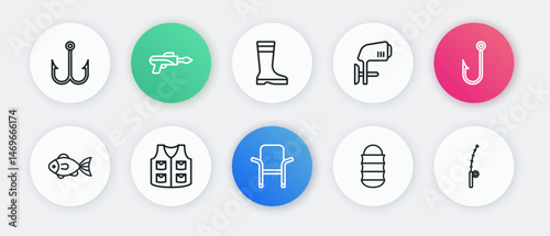 Set line Camping folding chair, Fishing hook, net, Outboard boat motor, boots, rod and jacket icon. Vector