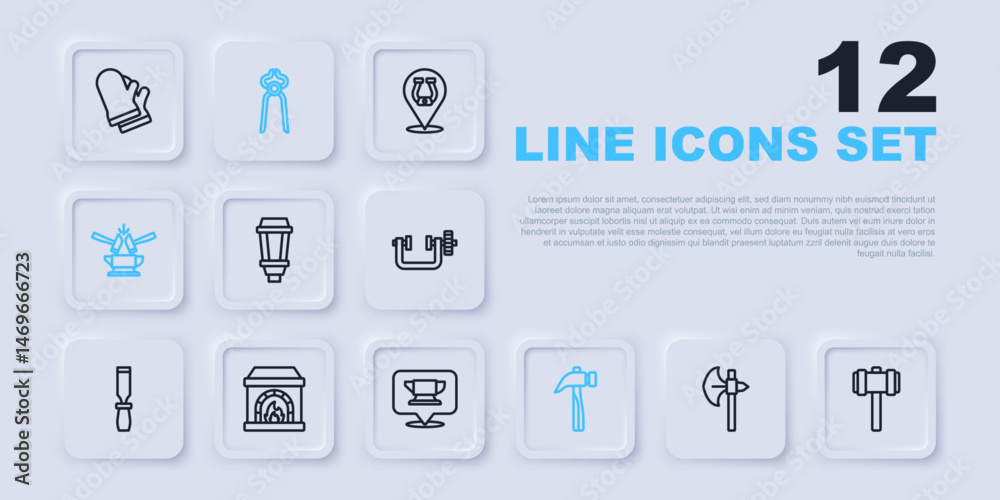 Set line Medieval axe, Sledgehammer, Garden light lamp, Hammer, Anvil and, Blacksmith oven, pliers tool and anvil icon. Vector Set line Medieval axe, Sledgehammer, Garden light lamp, Hammer, Anvil and, Blacksmith oven, pliers tool and anvil icon. Vector