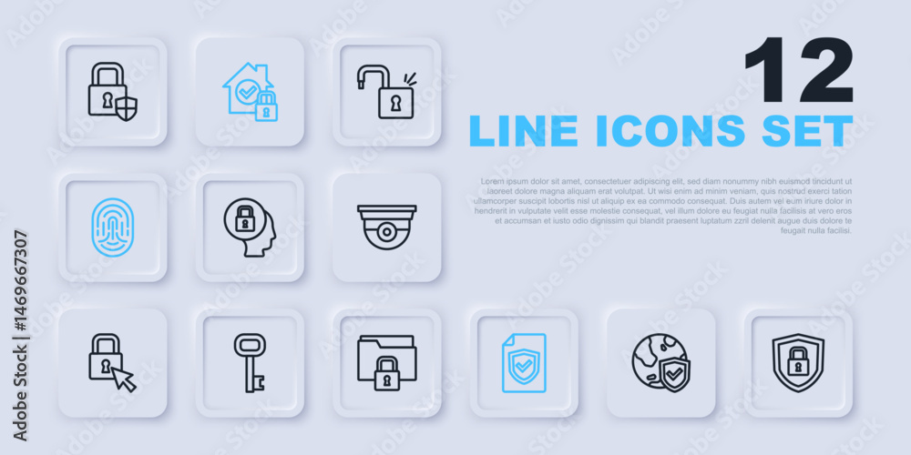 Set line Shield with world globe, security lock, Lock, Contract shield, Fingerprint, Old key, House under protection and Folder and icon. Vector Set line Shield with world globe, security lock, Lock, Contract shield, Fingerprint, Old key, House under protection and Folder and icon. Vector