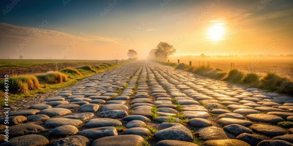 Fototapeta premium Ancient Stone Road at Sunrise A Misty Morning on a Cobblestone Path Leading to the Golden Sun