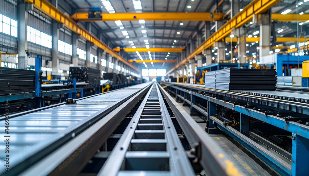 Industrial Factory Interior with Conveyor Belts and Overhead Cranes Industrial Factory Interior with Conveyor Belts and Overhead Cranes