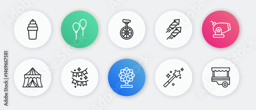 Set line Ferris wheel, Cannon, Circus tent, Magic wand, Firework rocket, Unicycle, Fast street food cart and Carnival garland with flags icon. Vector