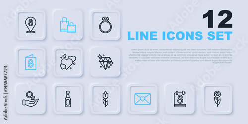 Set line Calendar with 8 March, Flower, Heart, Envelope, Greeting card, Champagne bottle, Paper shopping bag and tulip icon. Vector