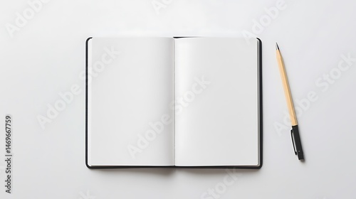 Open notebook with blank pages and pencil on white background.