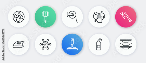 Set line Rubber cleaner for windows, Brush cleaning, Electric iron, Antibacterial soap, Sponge, Toilet paper roll, Washing dishes and Bacteria icon. Vector