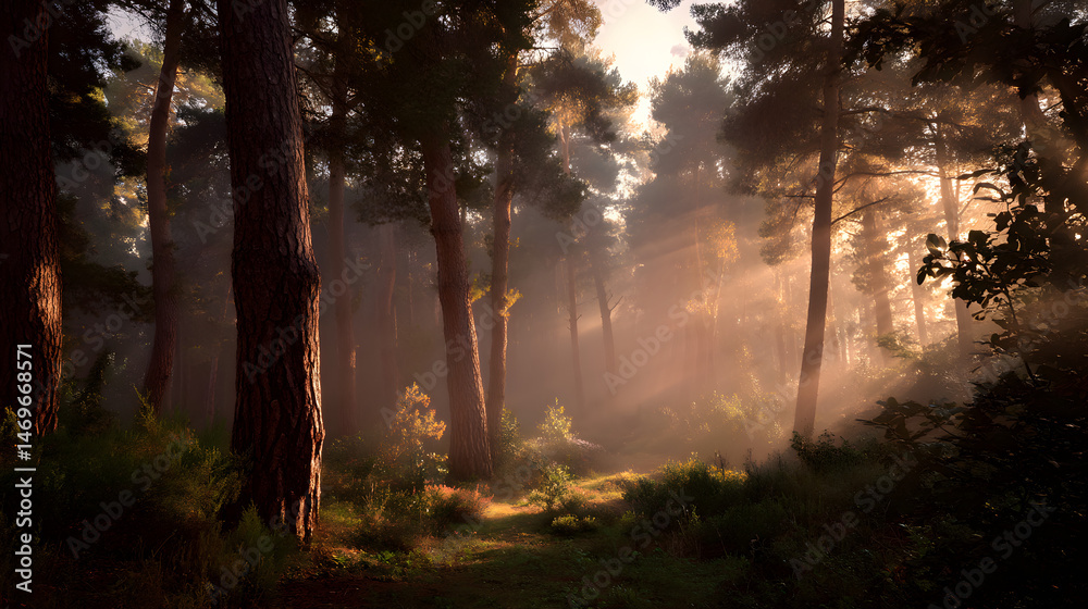 Fototapeta premium Magical forest setting with glowing golden light and soft mist