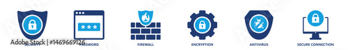 Security icon collection showcasing password protection, firewall, encryption, antivirus, and secure connection in solid professional style