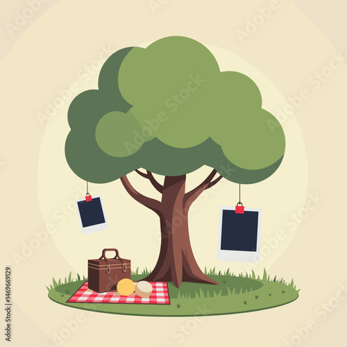 Tree with picnic basket and photo frames in a grassy area  