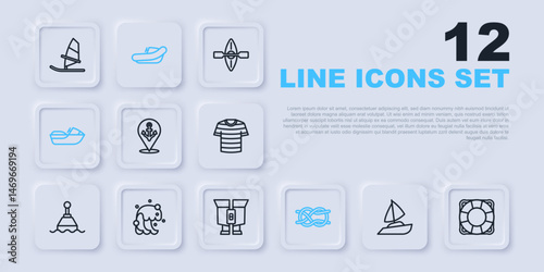 Set line Yacht sailboat, Lifebuoy, Location with anchor, Nautical rope knots, Jet ski, Tsunami, Inflatable motor and Binoculars icon. Vector