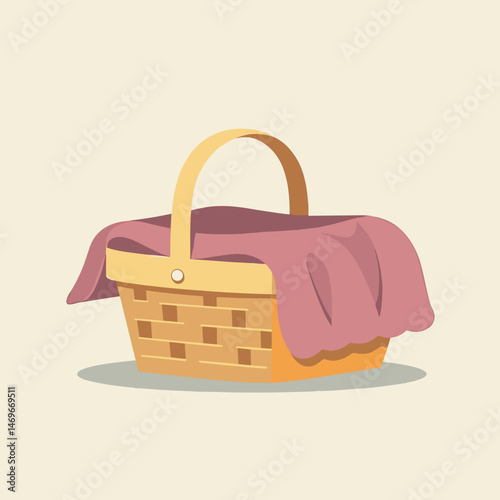 Basket with blanket draped over it on a simple background  