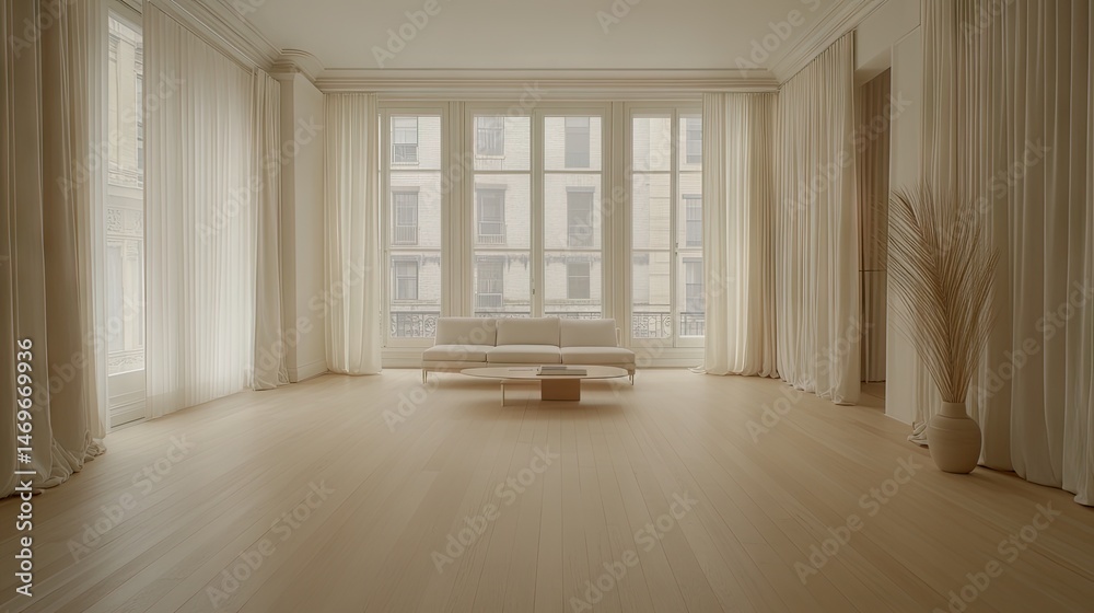 Obraz premium Elegant, minimalist interior with large windows.