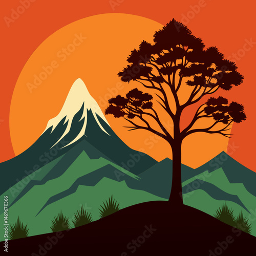 Minimalist black ash tree and mountain silhouette vector on transparent background