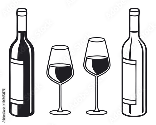 Wine Bottle and Glass Icon Set