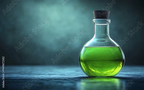 Green liquid in a bottle with cork, on a dark surface, with blurry background. Use product, medicine