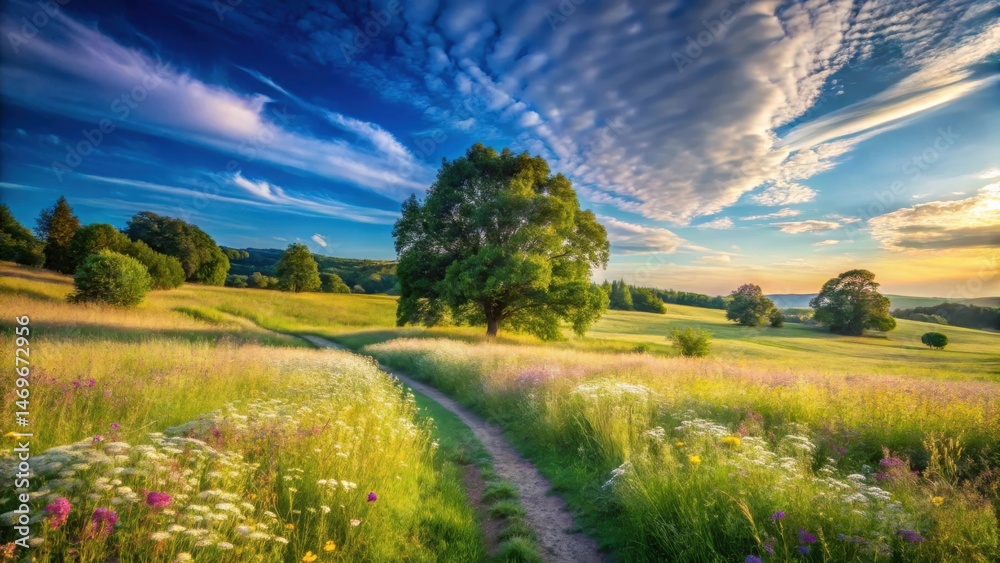 Obraz premium Serene Meadow Path at Sunset with Blooming Wildflowers and a Majestic Tree
