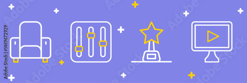 Set line Online play video, Movie trophy, Sound mixer controller and Cinema chair icon. Vector