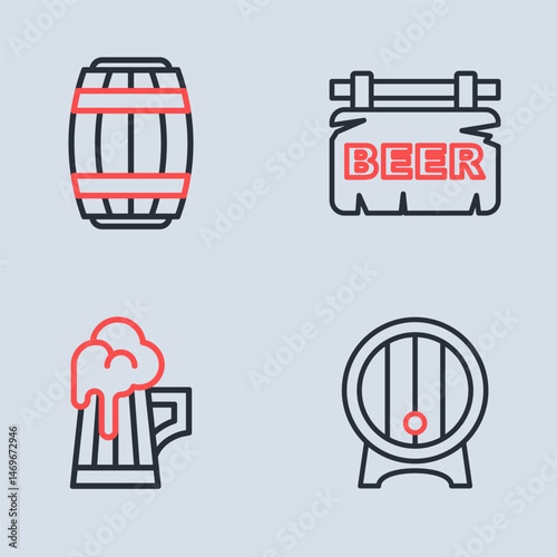 Set line Street signboard with Beer, Wooden beer mug, barrel on rack and icon. Vector