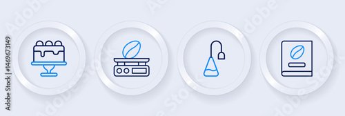 Set line Coffee book, Tea bag, Electronic coffee scales and Cake icon. Vector