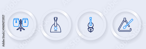 Set line Triangle musical instrument, Violin, Balalaika and Conga drums icon. Vector