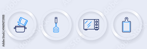 Set line Cutting board, Microwave oven, Spatula and Cooking pot and spice icon. Vector