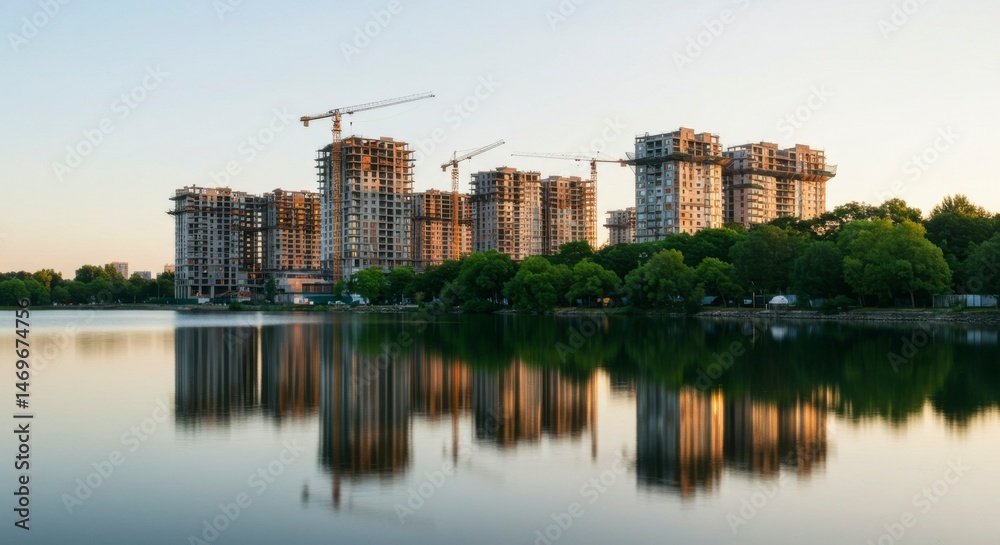 Fototapeta premium Construction site with apartment buildings reflecting on calm water at dawn