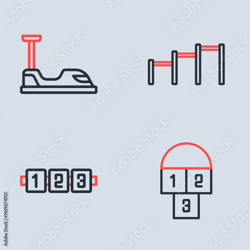 Set line Sport horizontal bar, Education logic game, Hopscotch and Bumper car icon. Vector