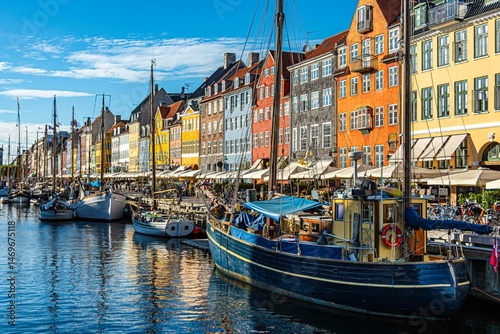 Colorful buildings and boats moored in Nyhavn by. Copenhagen Denmark.