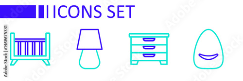 Set line Pouf, Chest of drawers, Table lamp and Baby crib cradle bed icon. Vector