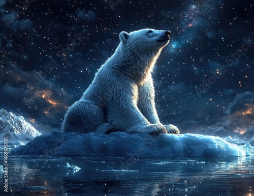 Majestic polar bear sits on an ice floe, gazing at the starry night sky.  A serene and powerful image of the arctic