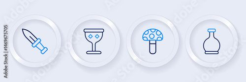 Set line Bottle with potion, Psilocybin mushroom, Medieval goblet and Dagger icon. Vector
