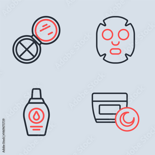 Set line Facial cosmetic mask, Bottle of shampoo, Cream or lotion tube and Makeup powder with mirror icon. Vector