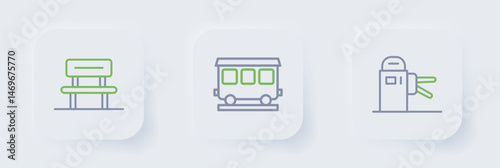 Set line Turnstile, Passenger train cars and Waiting hall icon. Vector