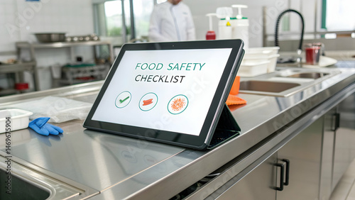 Food Safety Checklist Displayed on Tablet in a Professional Kitchen, Highlighting Essential Hygiene Practices for Ensuring Safe Food Preparation