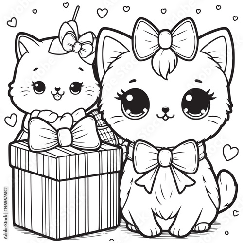 Cute kitten with gifts, hearts, and sparkles. vector