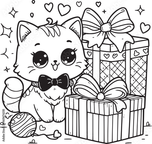 Cute kitten with gifts, hearts, and sparkles. vector