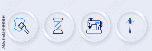 Set line Needle for sewing with thread, Sewing machine, on spool and Leather icon. Vector