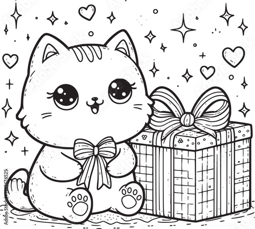 Cute kitten with gifts, hearts, and sparkles. vector