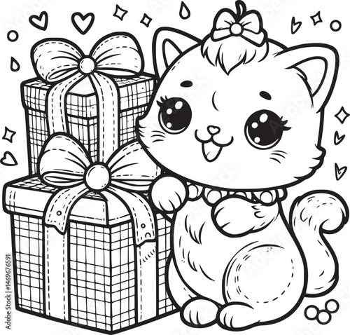 Cute kitten with gifts, hearts, and sparkles. vector