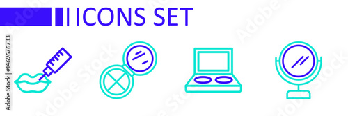 Set line Round makeup mirror, Eye shadow palette with brush, Makeup powder and Lip augmentation icon. Vector