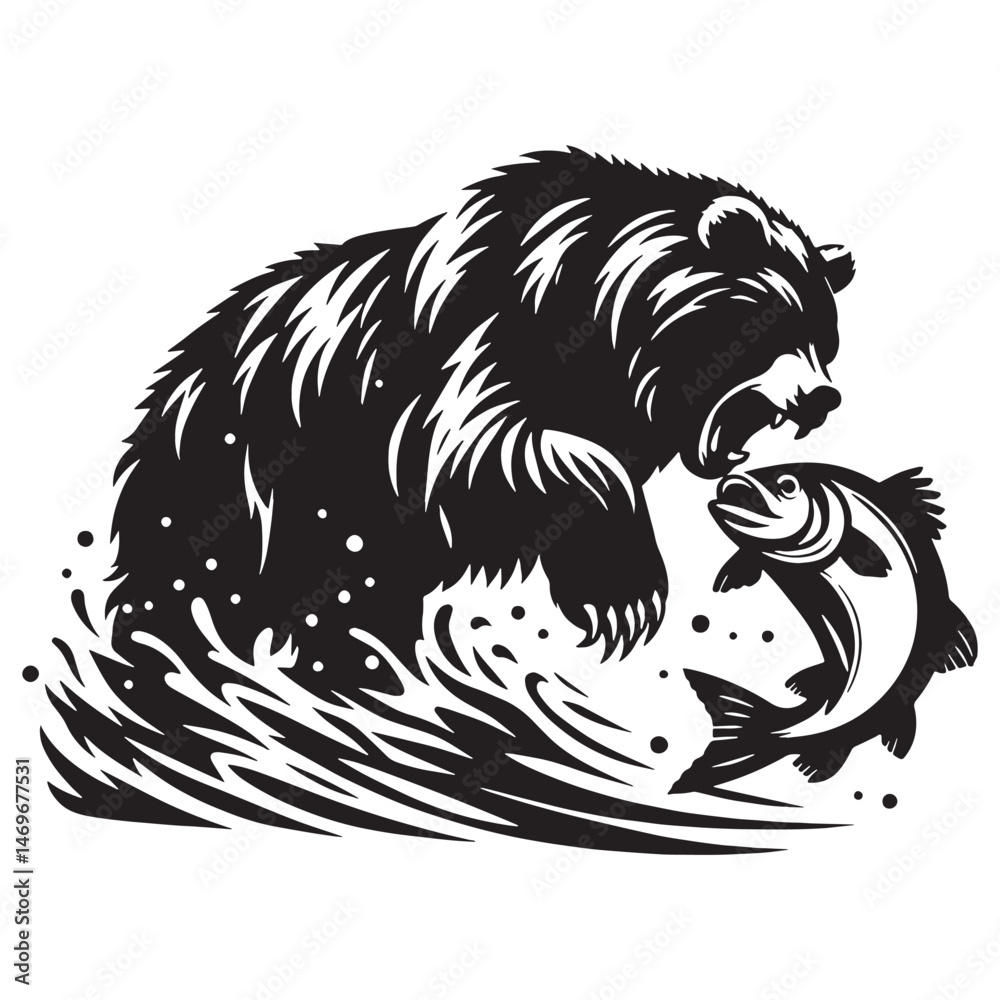 Fototapeta premium Dynamic fishing grizzly silhouette showing the essence of predator-prey action – fishing grizzly vector – fishing grizzly illustration – silhouette of fishing grizzly